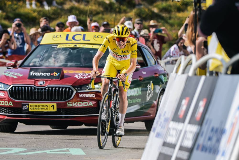 Pogacar, en la meta de Plateau de Beille, el domingo.