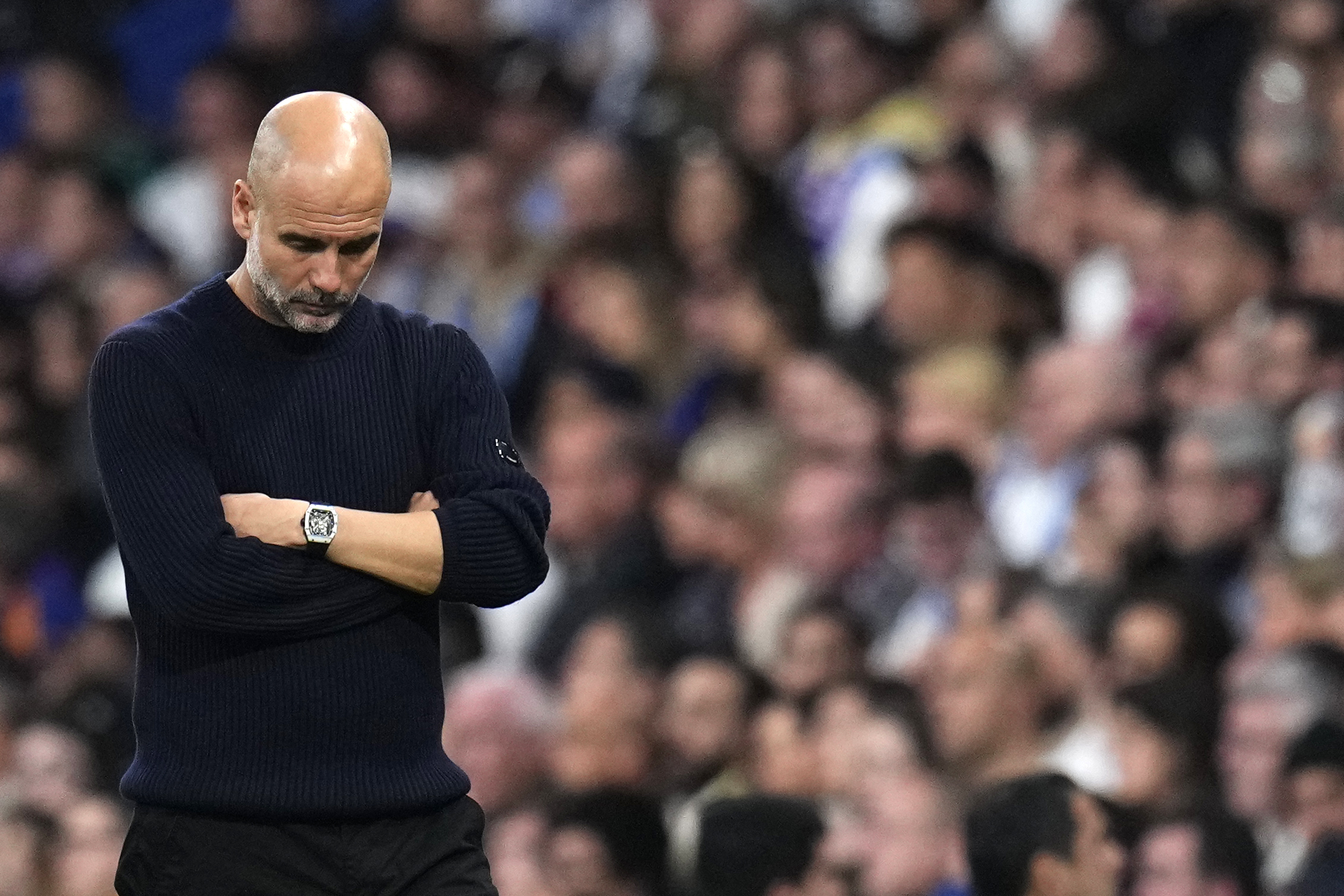 Guardiola, en la banda del Bernabéu.