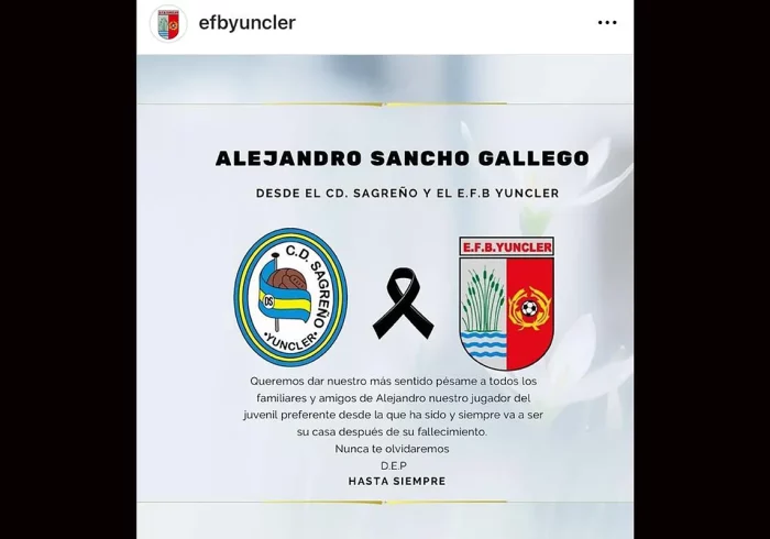 Muere Alejandro Sancho Gallego, del juvenil EFB Yuncler, en un trágico accidente de tráfico