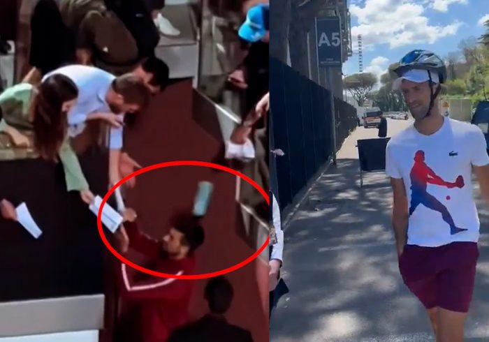 Djokovic se presenta ante los fans con un casco de ciclista el día después del botellazo