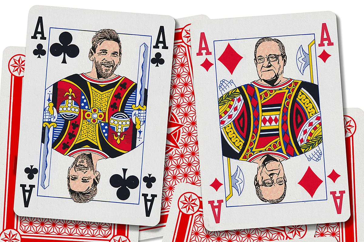 Póker de ases del primer cuarto de siglo: Messi (tréboles), Cristiano (picas), Guardiola (corazones) y Florentino (diamantes)