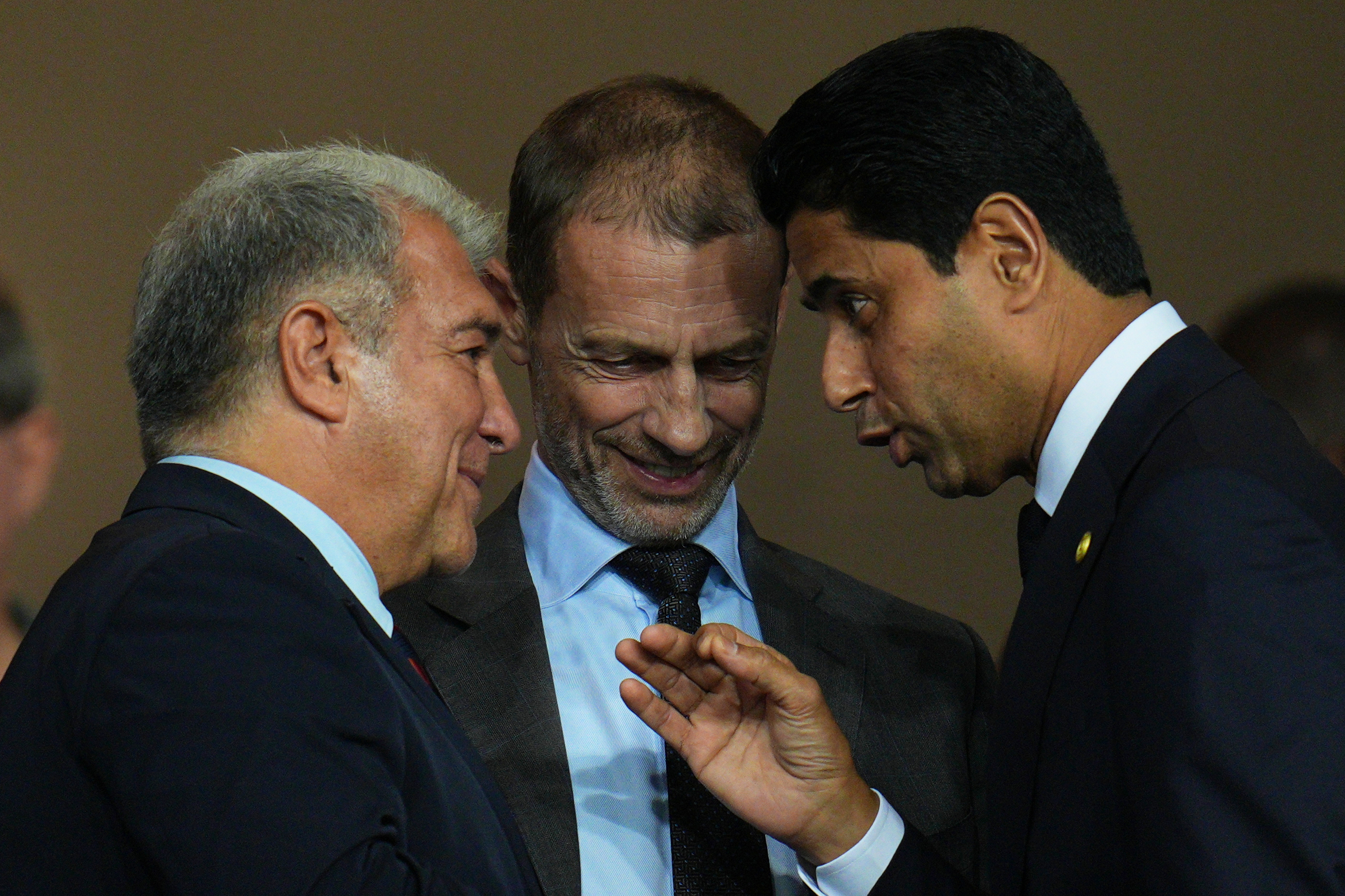 Laporta, Ceferin y Al-Khelaifi, en Montjuïc.