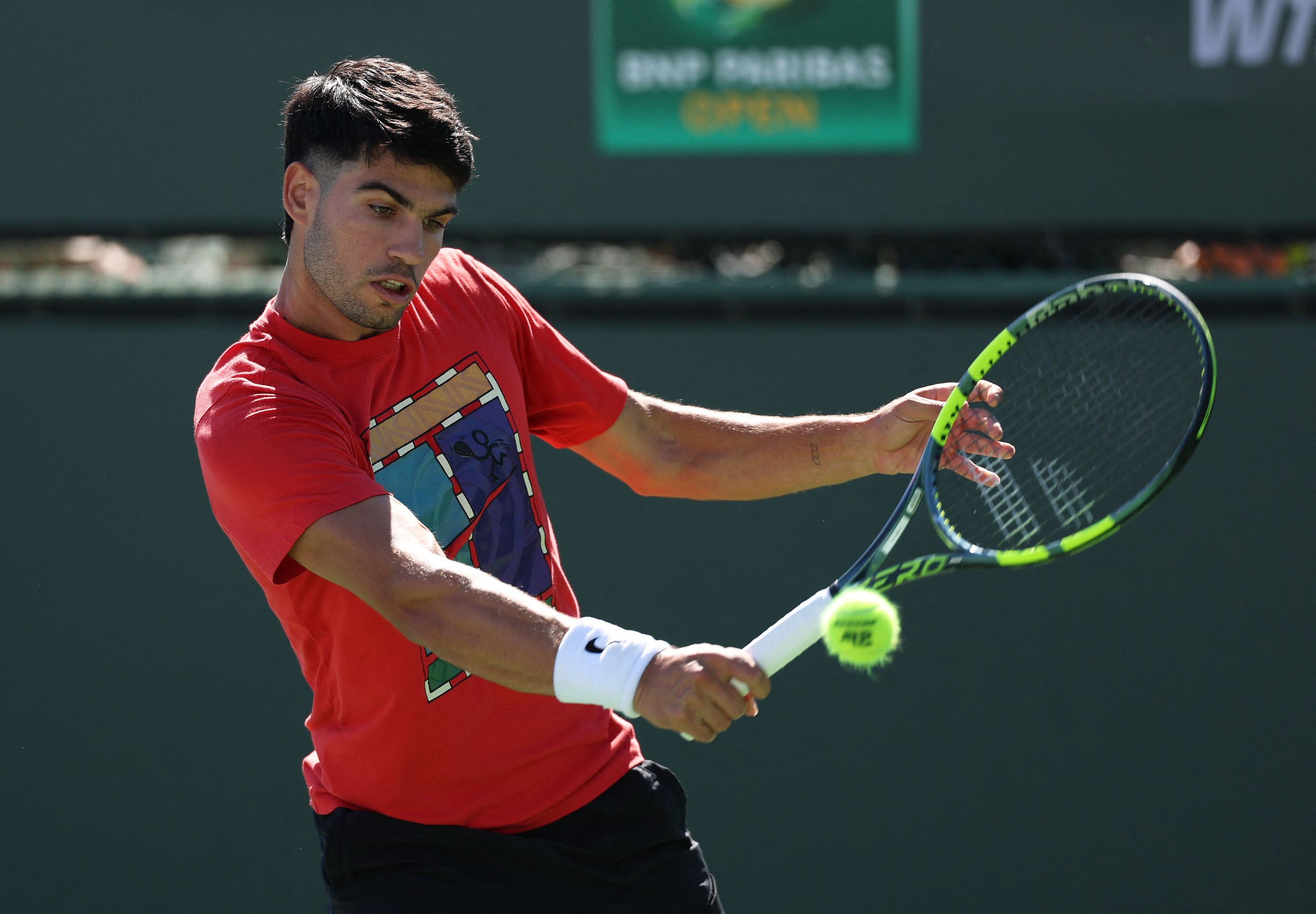 Alcaraz, durante su entrenamiento del martes en Indian Wells.