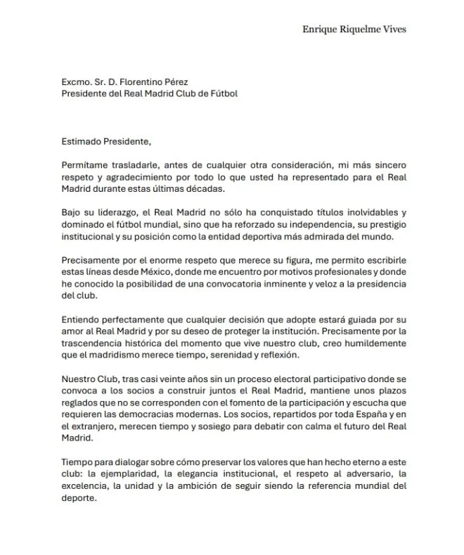 El mensaje de la carta de Riquelme a Florentino, entre el halago y la advertencia: "He de dejar claro que cumplo con todos los requisitos"